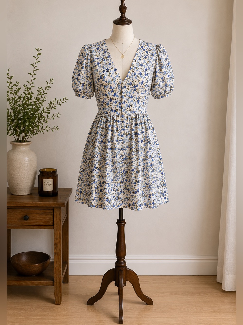 Blue Floral Puff Sleeve Mini Dress Coquette Cottagecore Women's Size Medium
